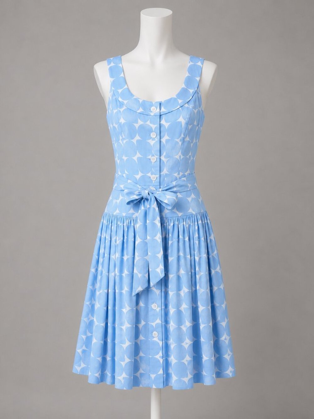 Calvin Klein Polka Dot Tie Button Front Pleated Midi Dress Blue Size 2 Retro